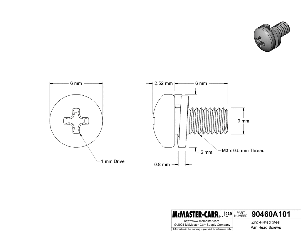 Technical Drawing of Zinc-Plated Steel Pan Head Screws, with Split Lock Washer, M3 x 0.50 mm Thread Size, 6 mm Long.